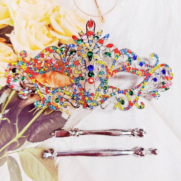 Rainbow Masquerade Mask, Crystal Handheld Mask, Silver Mask, Prom Mask, Pride - Picture 10 of 10